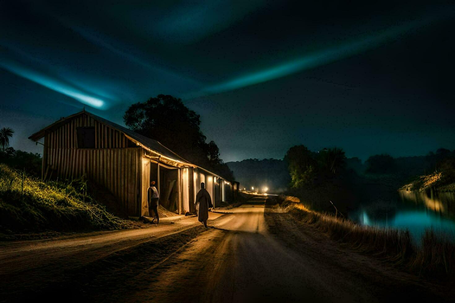 en man promenader ner en smuts väg på natt med en ljus lysande på de vatten. ai-genererad foto