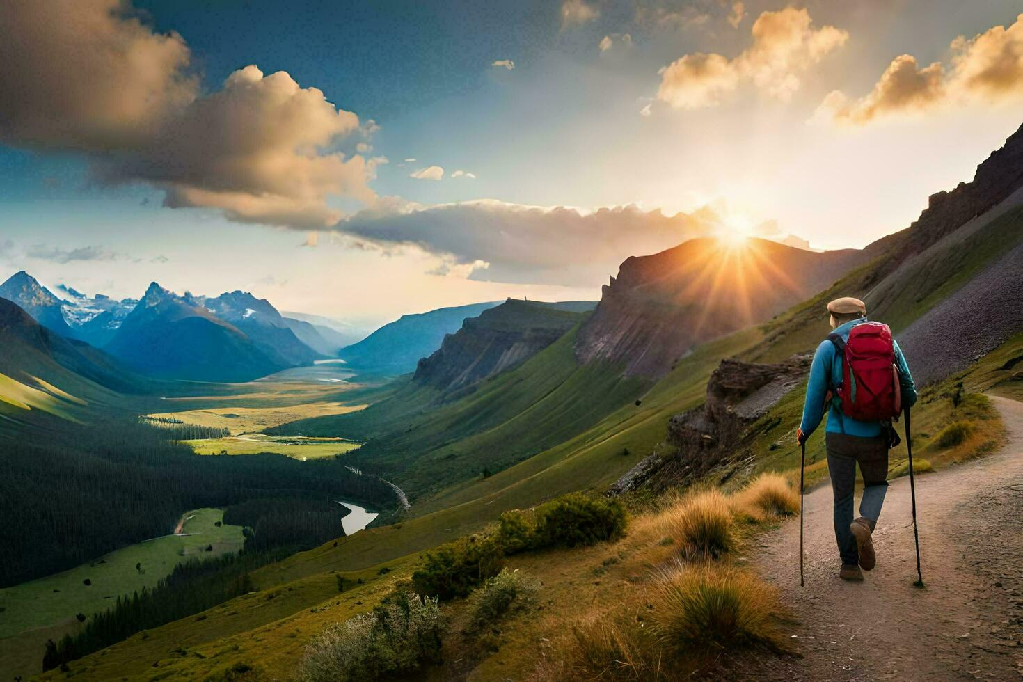 en vandrare promenader längs en spår i de berg. ai-genererad foto