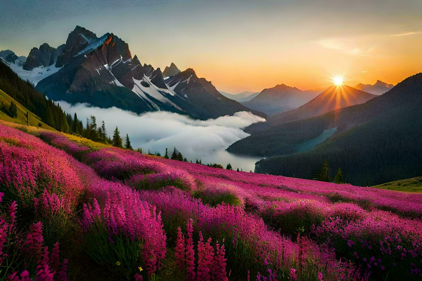 de Sol stiger över de bergen och blommor i de förgrund. ai-genererad foto