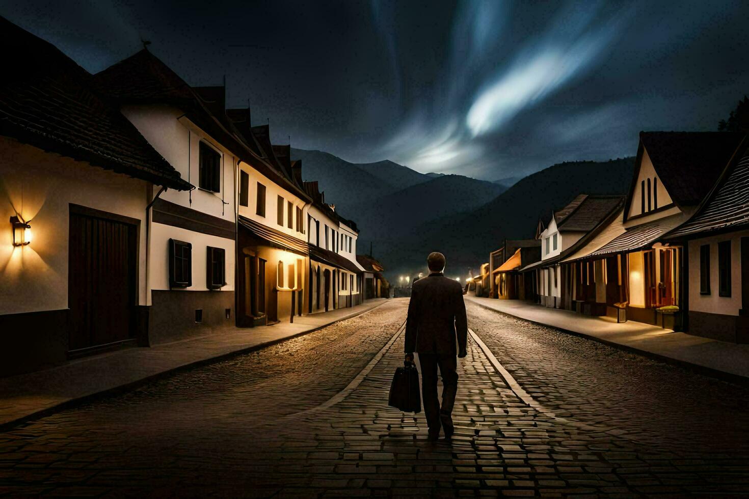 en man i en kostym promenader ner en kullersten gata på natt. ai-genererad foto