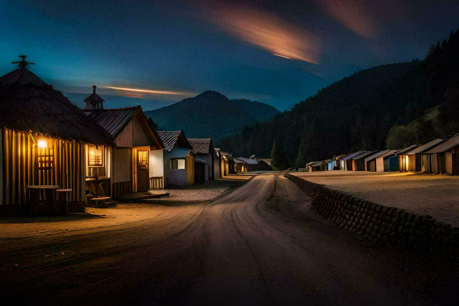 en väg ledande till en by på natt. ai-genererad foto