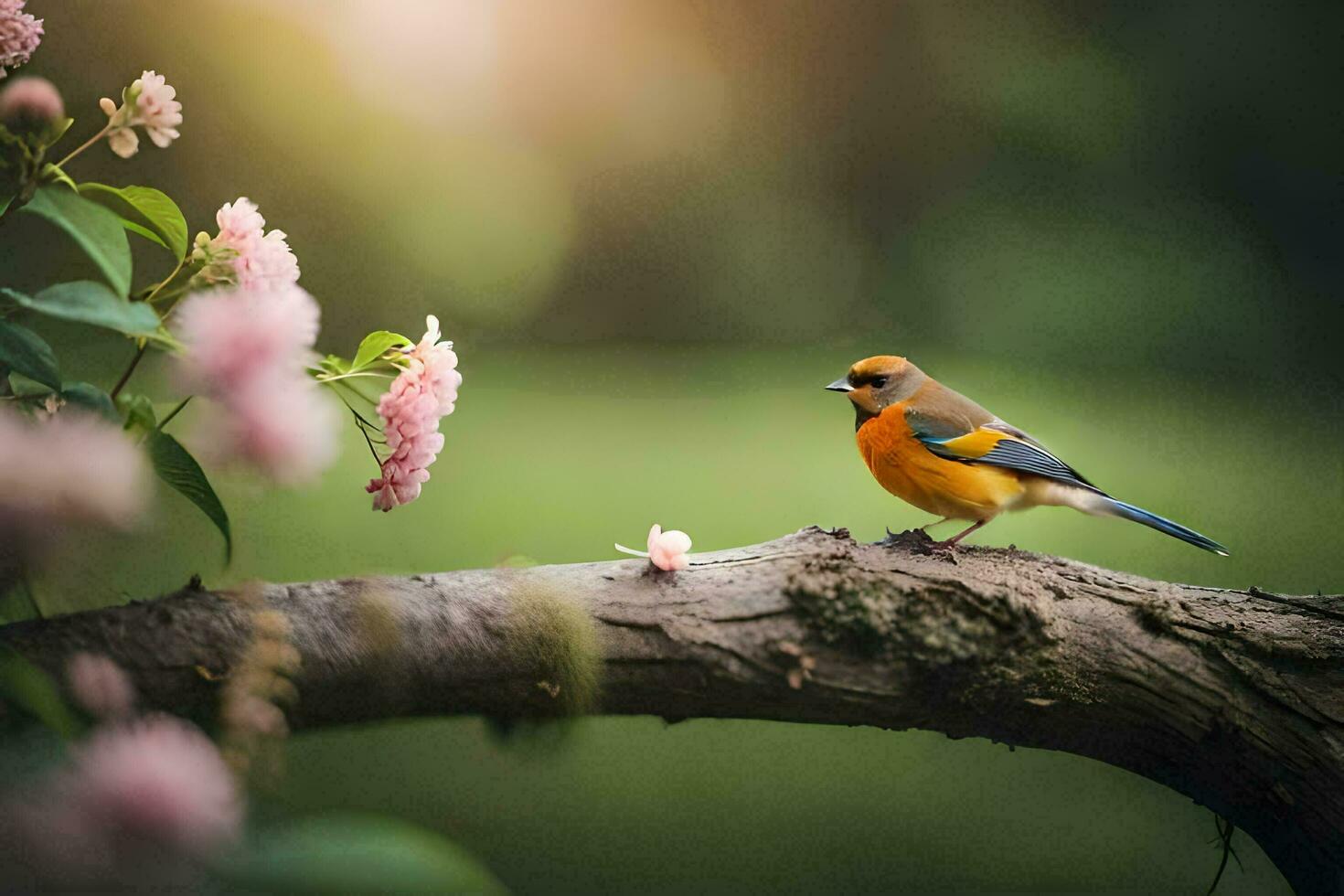 en fågel sitter på en gren med rosa blommor. ai-genererad foto