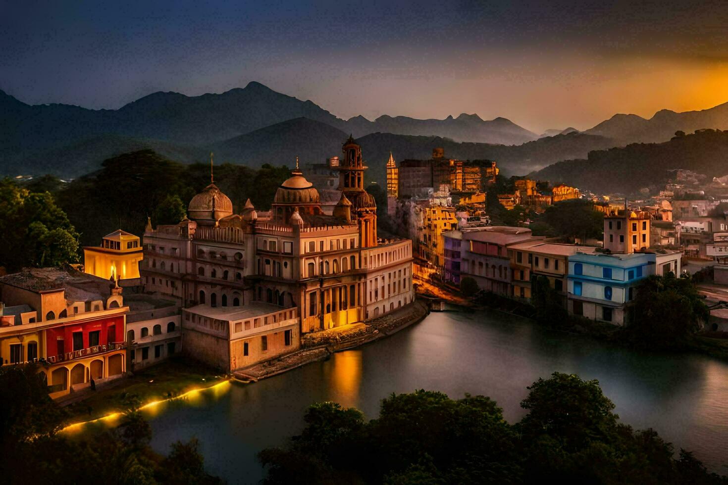 de stad av udaipur i Indien på solnedgång. ai-genererad foto