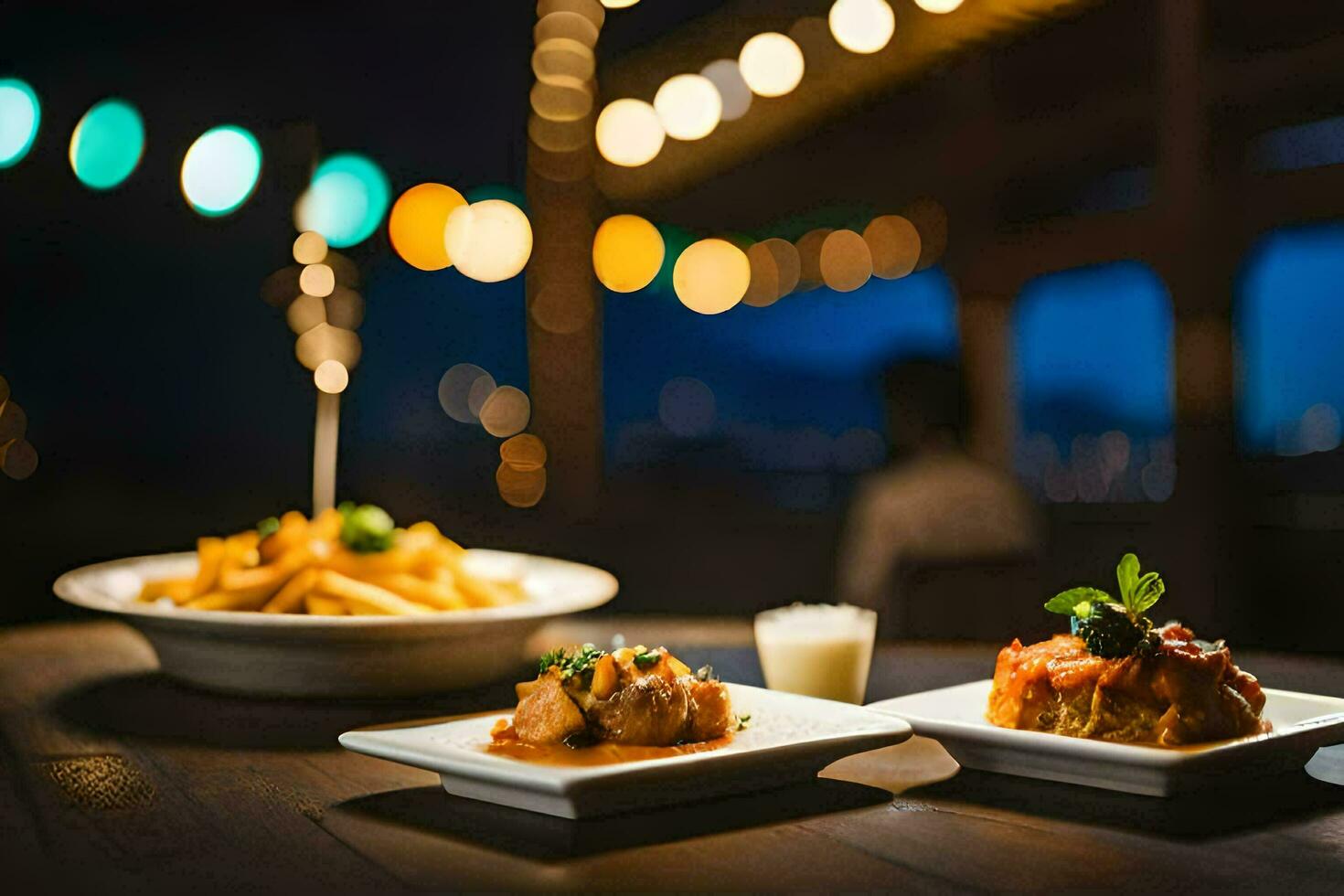 två plattor av mat sitta på en tabell på natt. ai-genererad foto