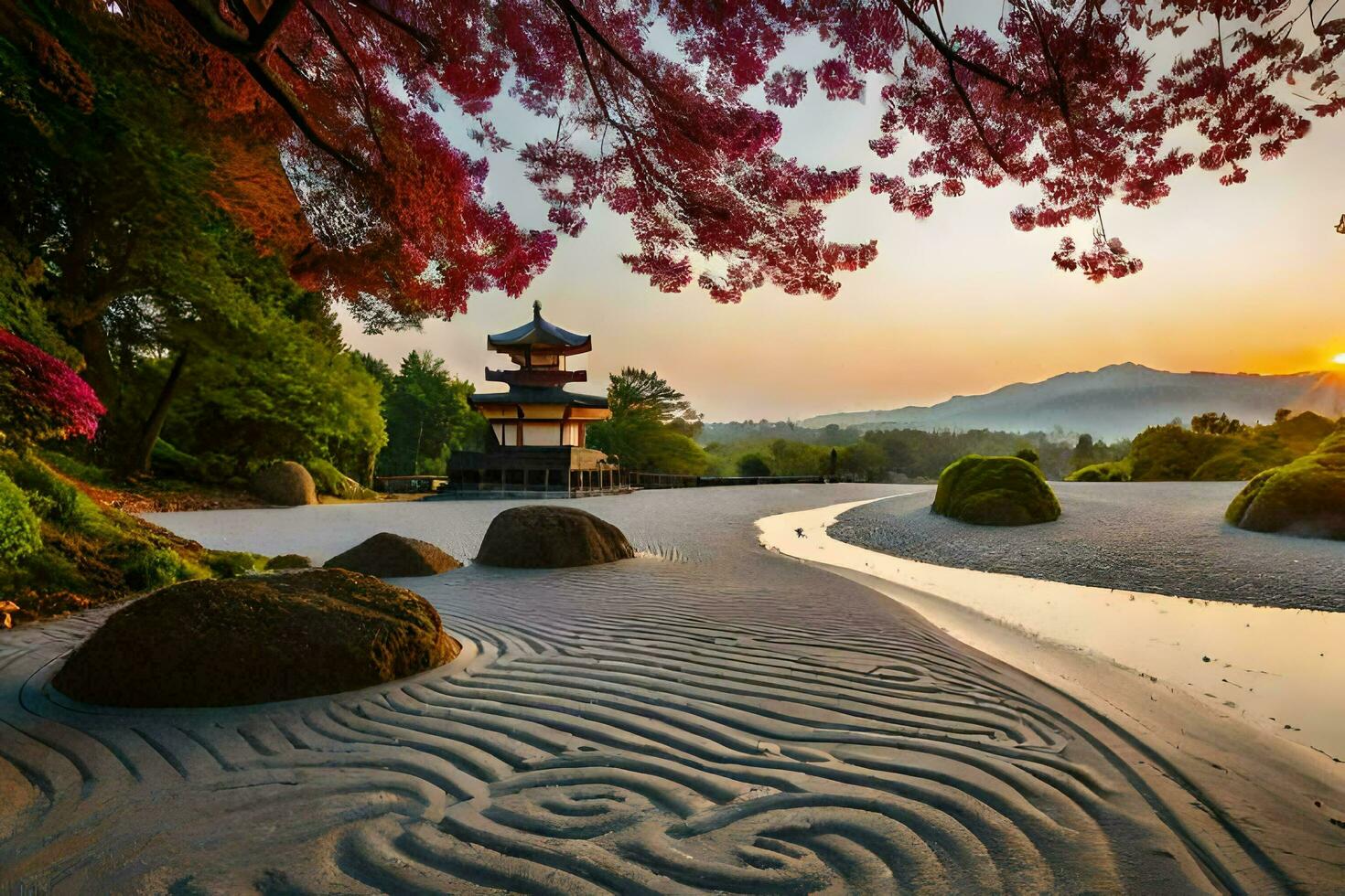 de japansk trädgård på solnedgång med en pagod i de förgrund. ai-genererad foto