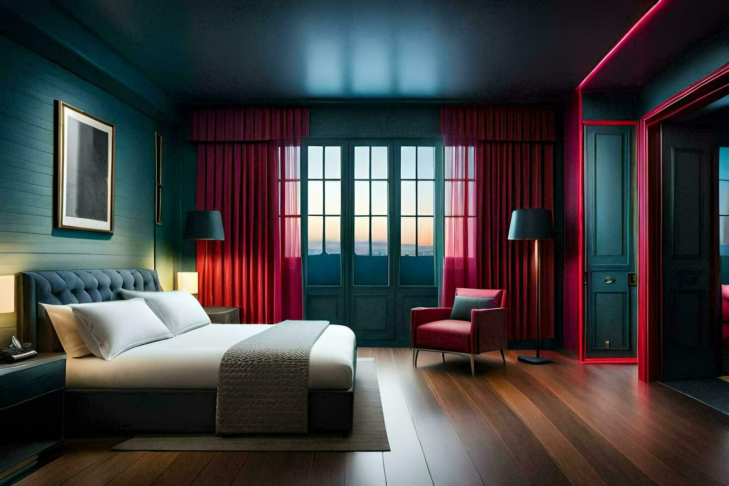 en hotell rum med en säng, stol och röd accent belysning. ai-genererad foto