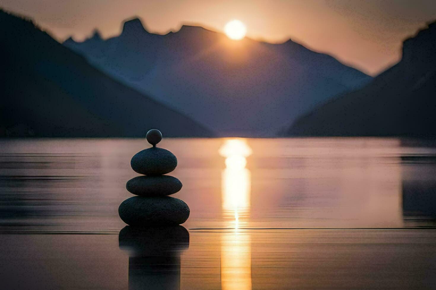 en stack av stenar i de vatten på solnedgång. ai-genererad foto