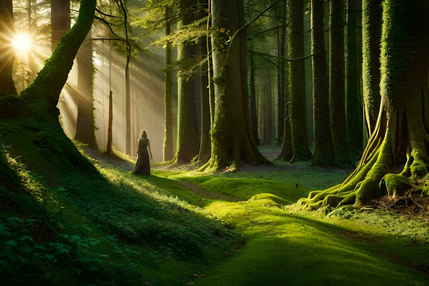 en kvinna är gående genom en skog med solljus lysande genom de träd. ai-genererad foto