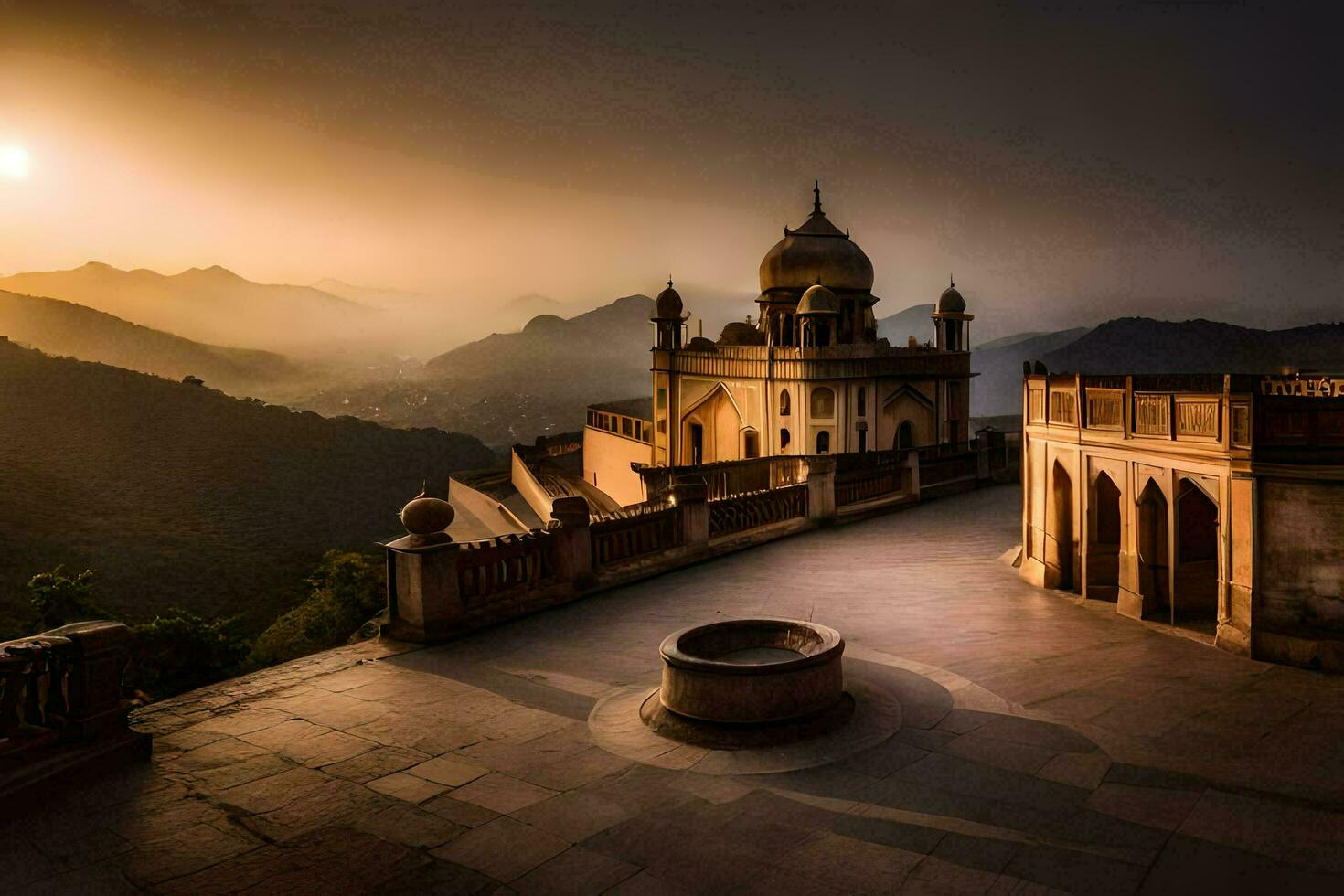 de Sol uppsättningar över en palats i Indien. ai-genererad foto