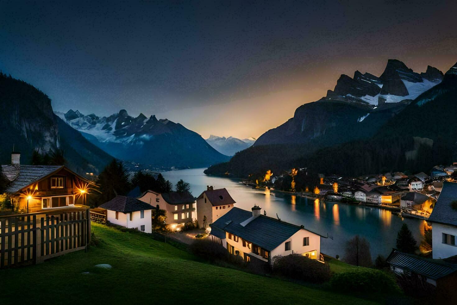 Foto tapet de himmel, berg, sjö, hus, berg, hus, de alperna,. ai-genererad