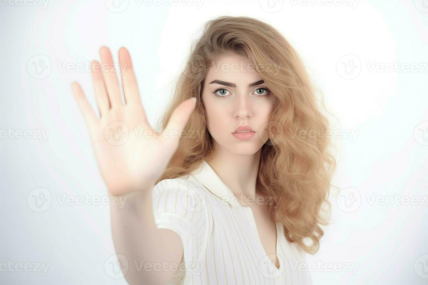 kvinna som visar sluta förbjuda Uppfostrad handflatan gest. generera ai foto