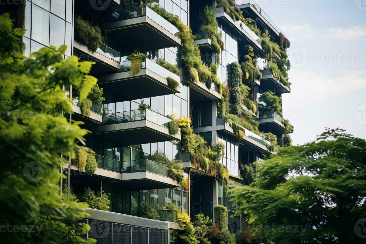 miljövänlig byggnad i de modern stad. hållbar glas kontor byggnad med träd för minska kol dioxid. kontor byggnad med grön miljö. företags- byggnad minska co2. generativ ai foto