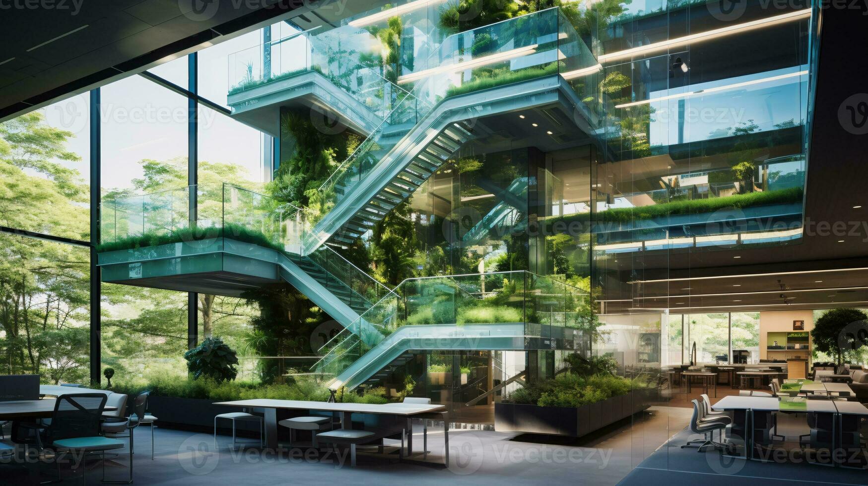 hållbar grön byggnad. energi effektiv byggnad. hållbar glas kontor byggnad med träd för minska kol dioxid. kontor med grön miljö. företags- byggnad. generativ ai. foto