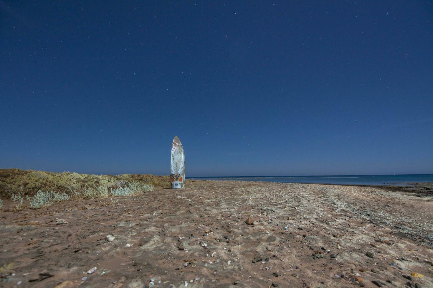 vindsurfing styrelse på de sandig strand och blå starry natt på semester i egypten foto