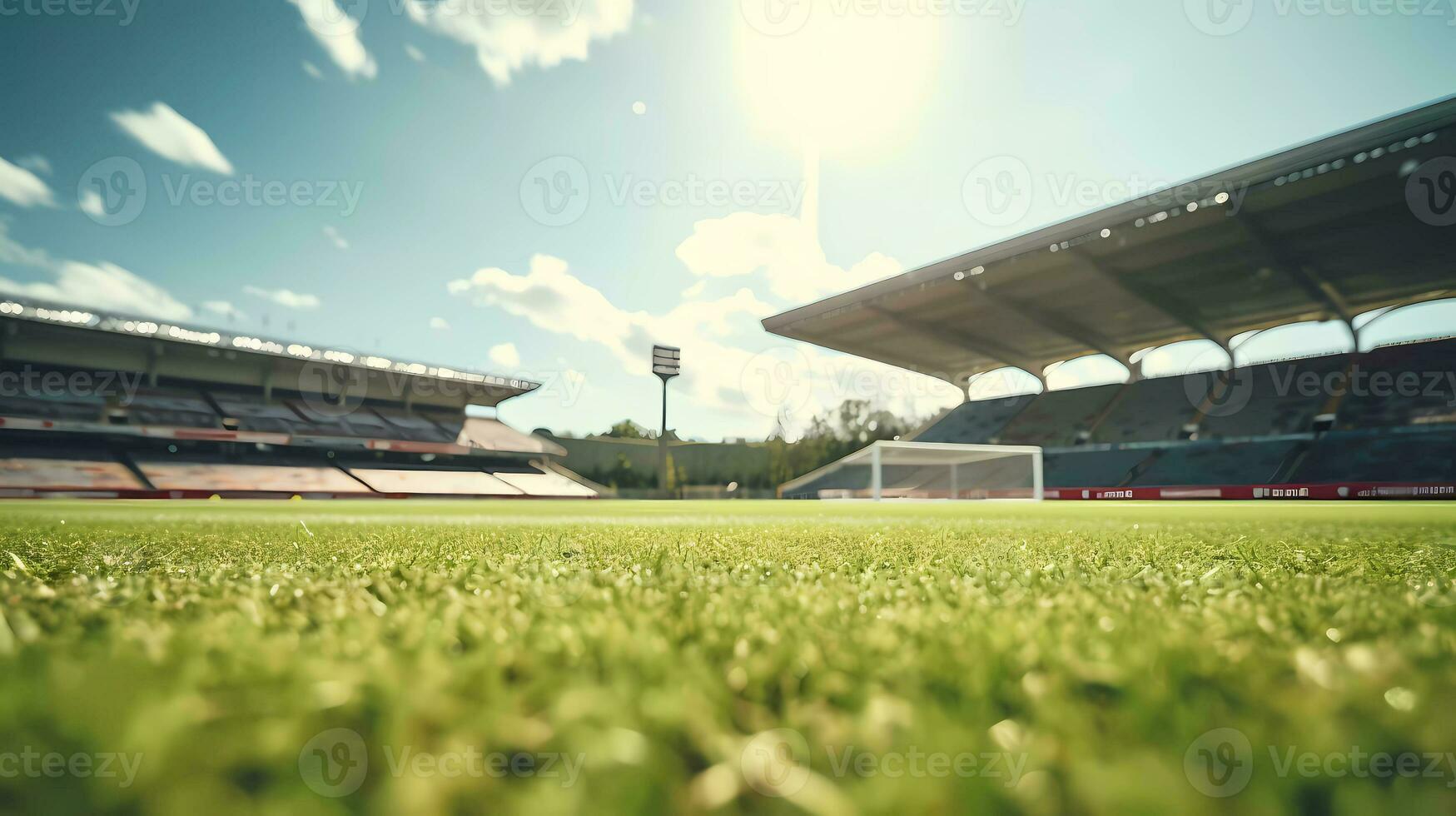 ai genererad gräs på de fotboll stadion. låg vinkel skott. texturerad fri fotboll fält i de kväll ljus foto