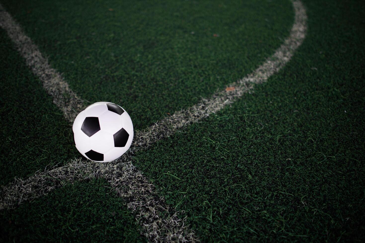 fotboll på den vita linjen på stadion foto