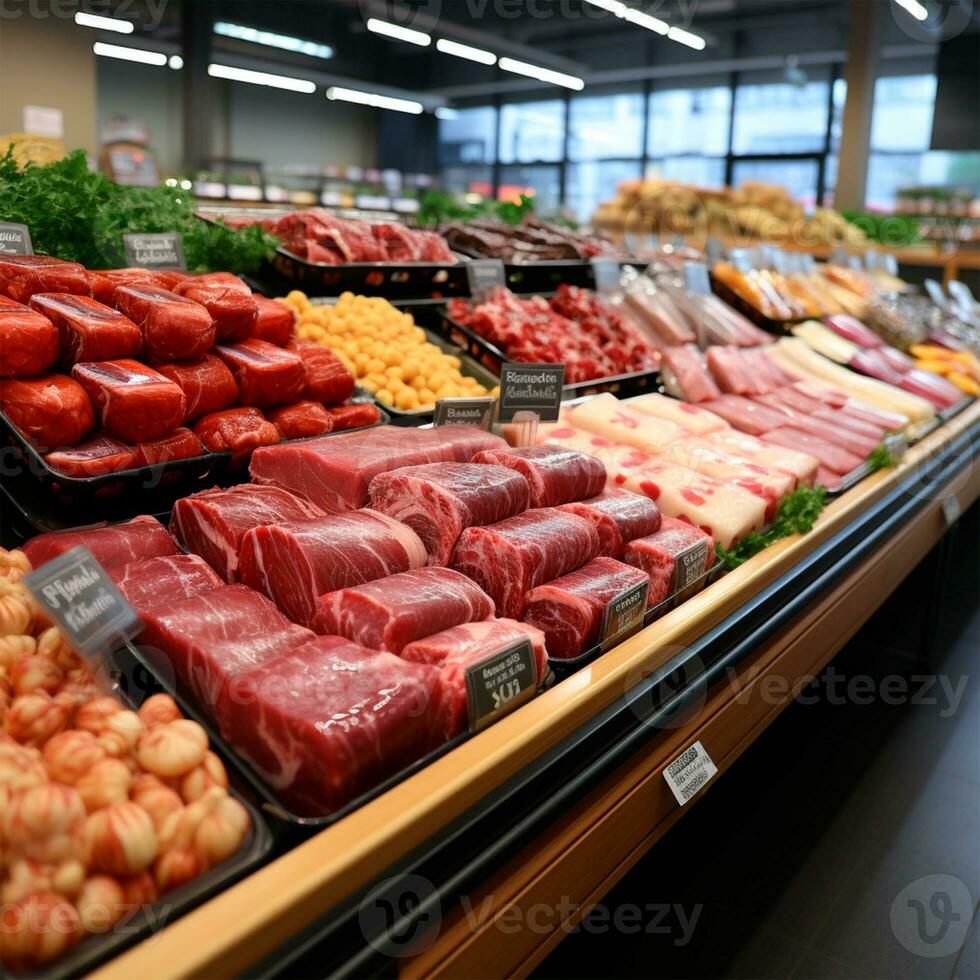 färsk kött Produkter, nötkött, fläsk i de kylskåp på visa i en mataffär, friska äter - ai genererad bild foto
