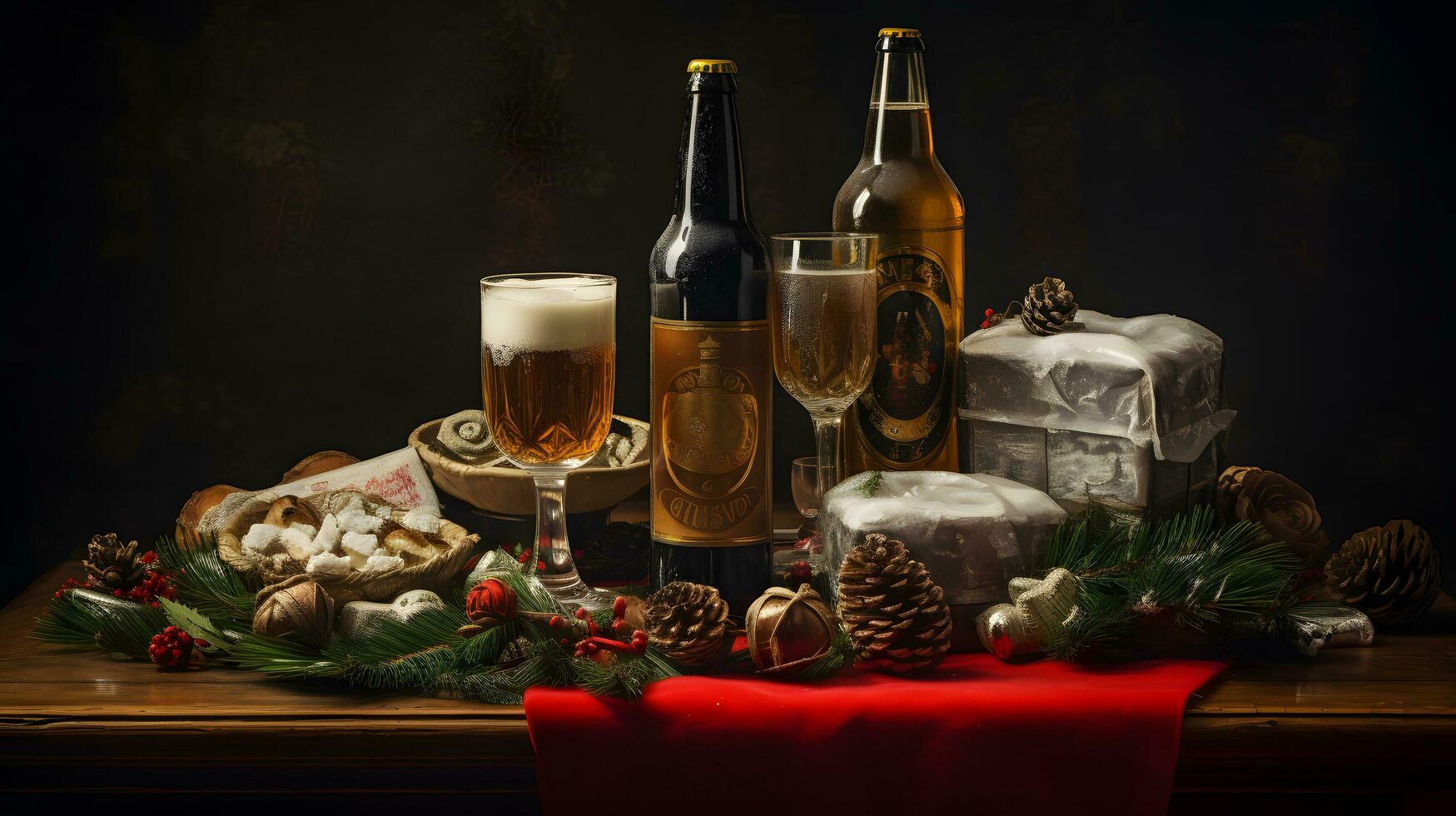 jul fortfarande liv med öl, snacks och tall koner foto