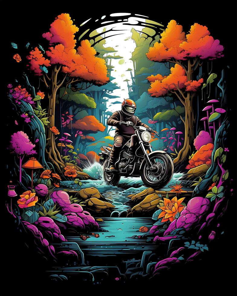 en se av en man ridning en motorcykel och några färgrik träd Bakom foto