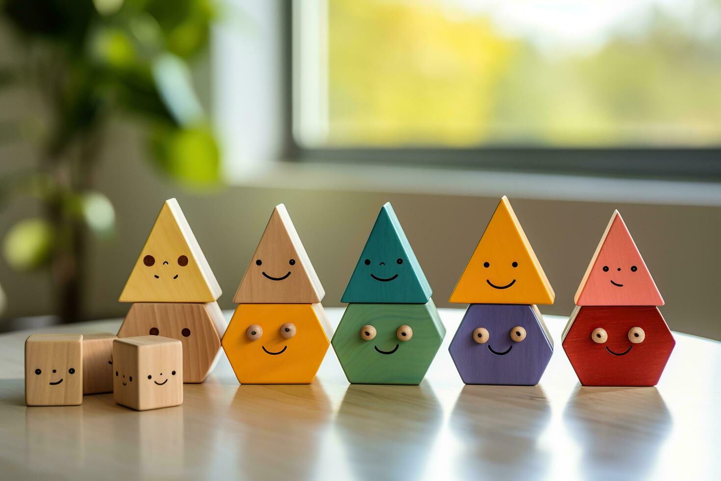 färgrik trä- leksaker. trä- geometrisk former med ansikten på en trä- tabell. trä- spela uppsättning. genererad förbi artificiell intelligens foto