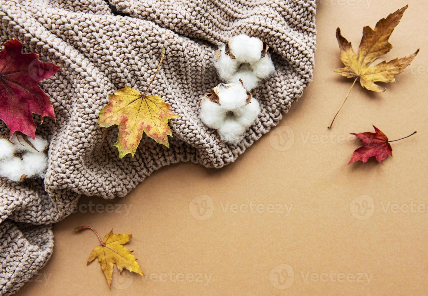 stickad ulltröja eller pläd, torra löv på brun bakgrund foto
