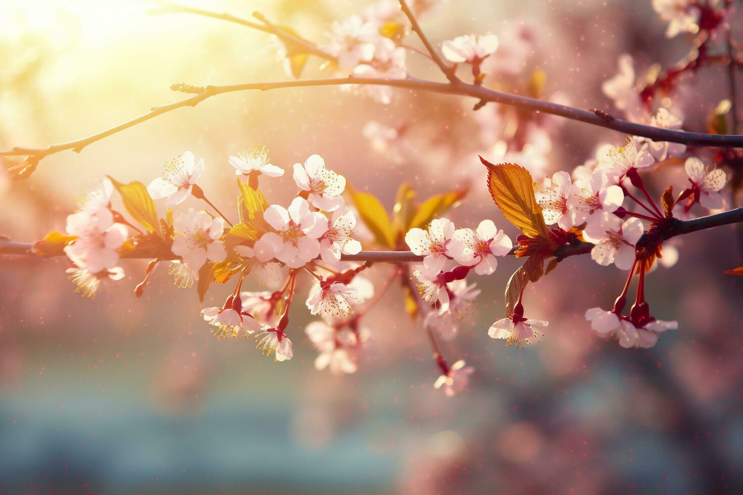 vår blomma bakgrund. natur scen med blomning träd och Sol blossa. generativ ai foto