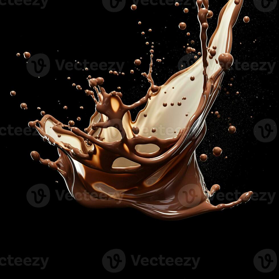 spillts choklad likör på en svart bakgrund. kaffe grädde med mjölk vätska stänk textur. sheridans. dynamisk illustration. sluta rörelse. studio skott. ai genererad foto