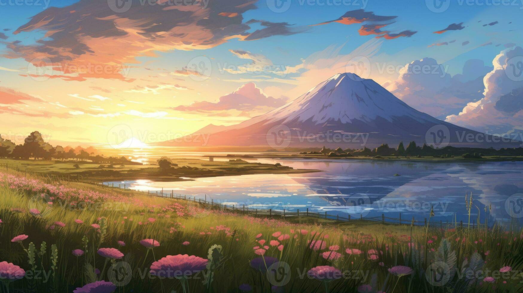 skön landskap bakgrund. tecknad serie sommar soluppgång med moln, fält och solsken. anime stil foto