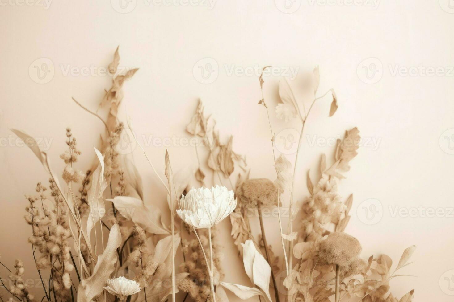 beige minimalistisk bakgrund med torr blommor. generera ai foto
