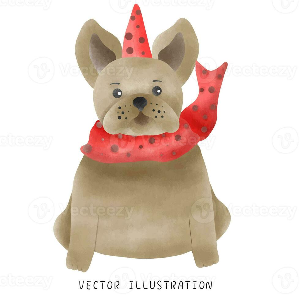 vattenfärg stil franska bulldogg bär jul hatt - festlig ritad för hand illustration foto