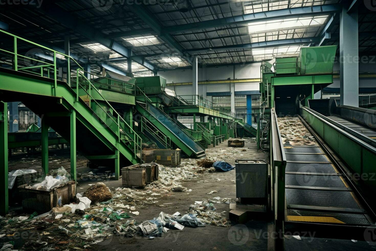 avfall sortering växt. återvinning och lagring av avfall för ytterligare förfogande. rena och organiserad avfall separation anläggning i handling. ai generativ foto