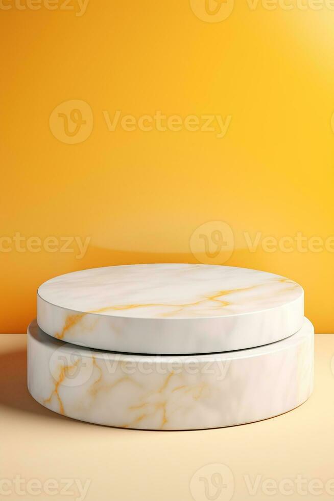abstrakt cylinder piedestal podium visa. gul och vit och vit marmor med guld detaljer. produkt presentation, falsk upp, visa naturlig kosmetisk produkt. ai generativ foto