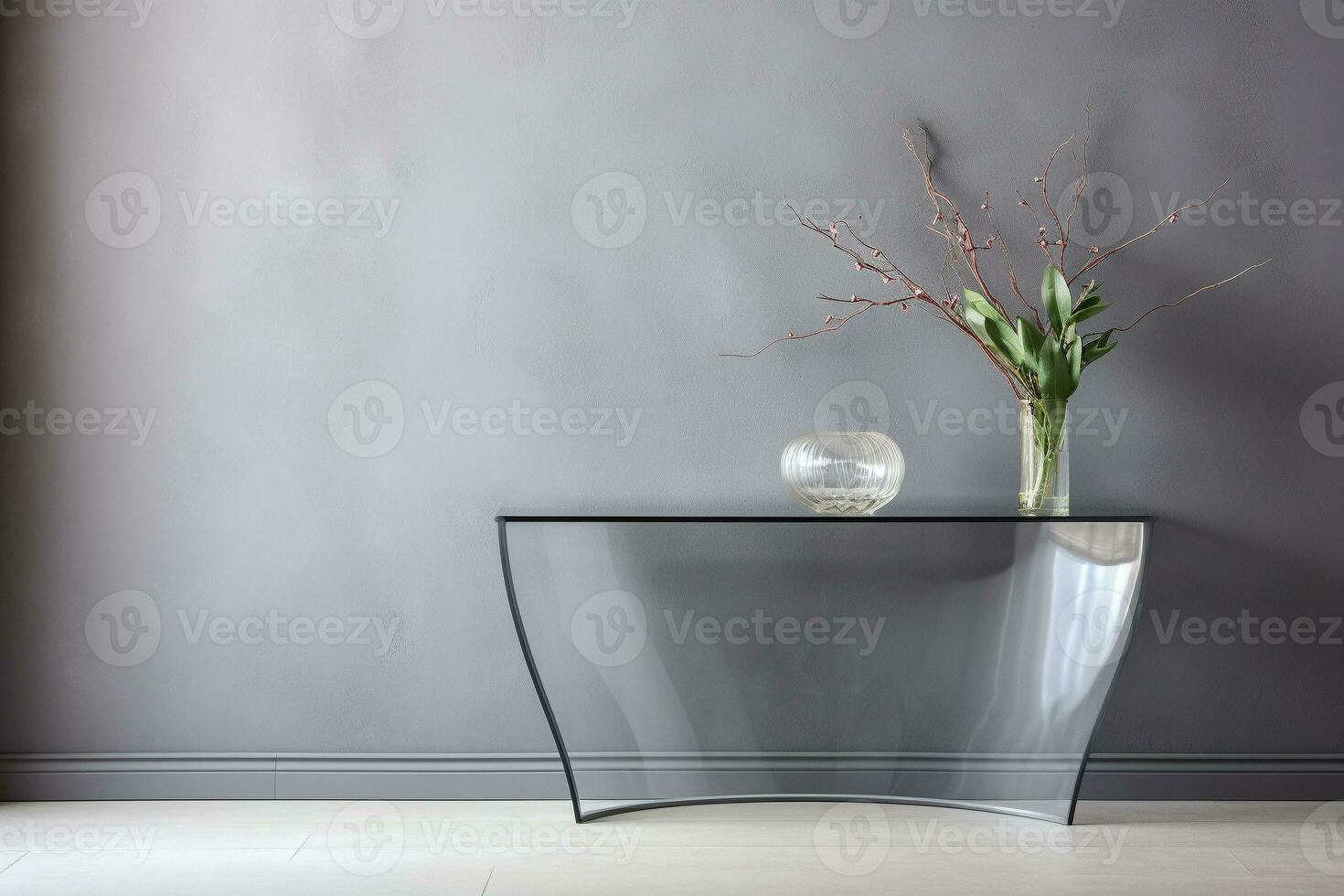 en glas topp trösta tabell lägger till elegans till en modern entré i Häftigt grå toner. ai generativ foto