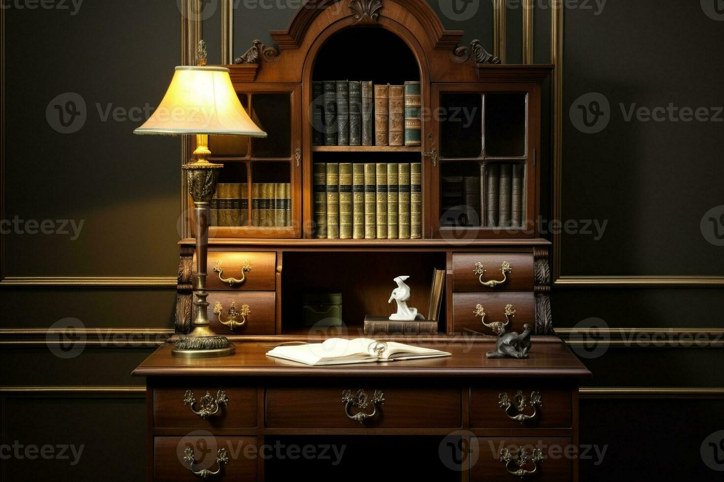 ett antik sekreterare skrivbord den där kompletterar en årgång Hem kontor med rik, djup brun toner. ai generativ foto