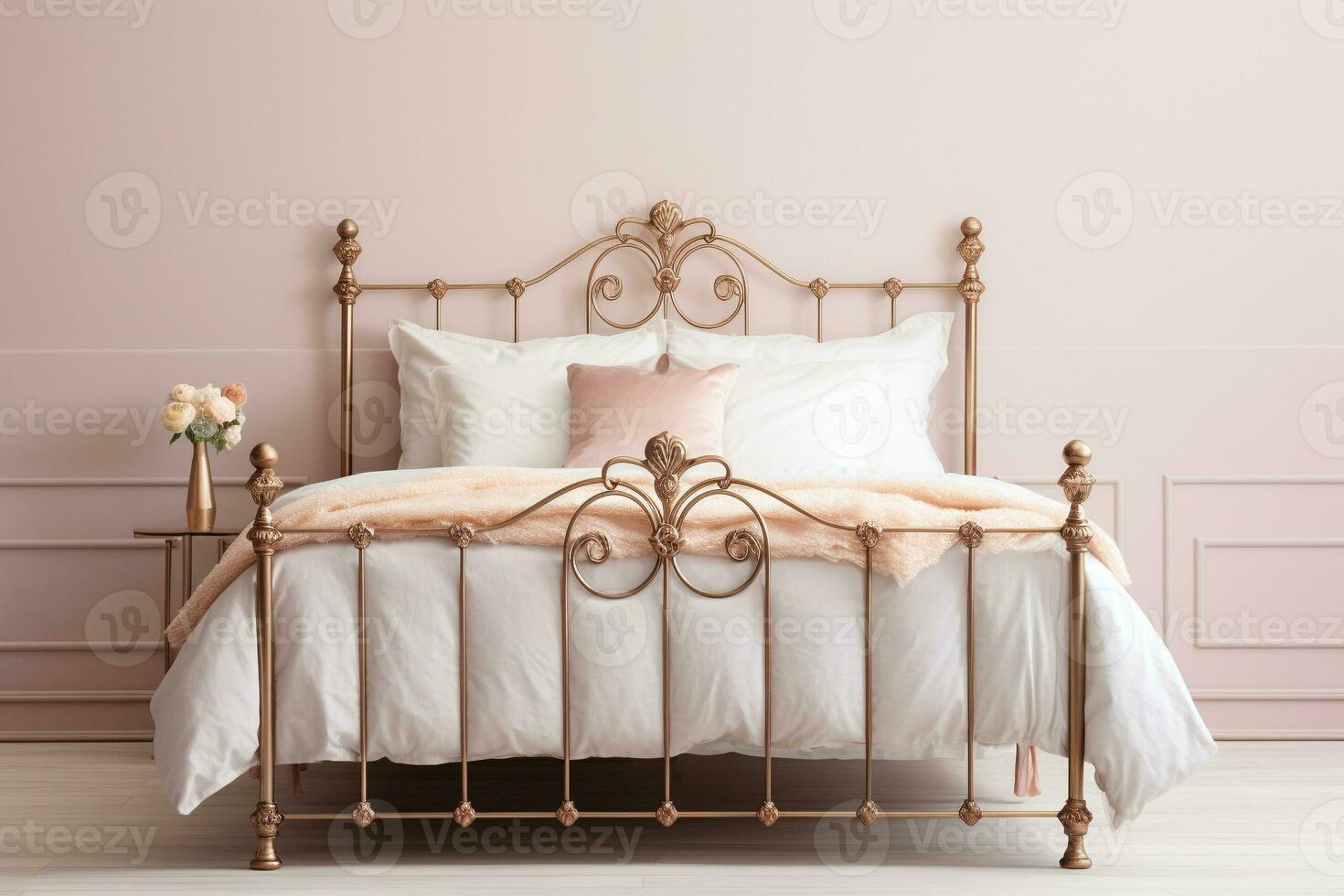 antik mässing säng ram i en årgång sovrum i mjuk pastell färger. ai generativ foto