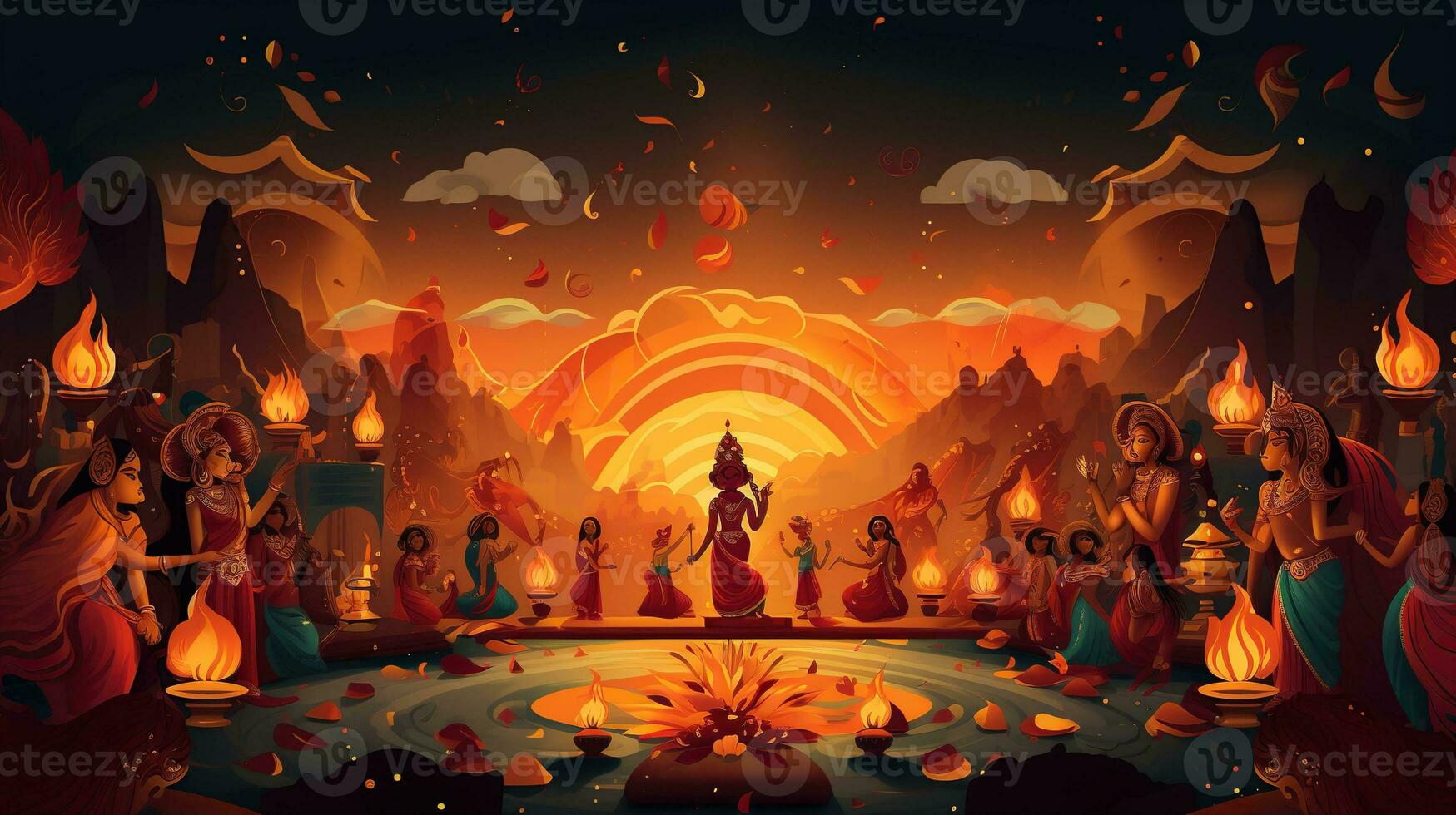 indisk festival Lycklig diwali med diwali rekvisita, gul Semester bakgrund, diwali firande hälsning kort foto