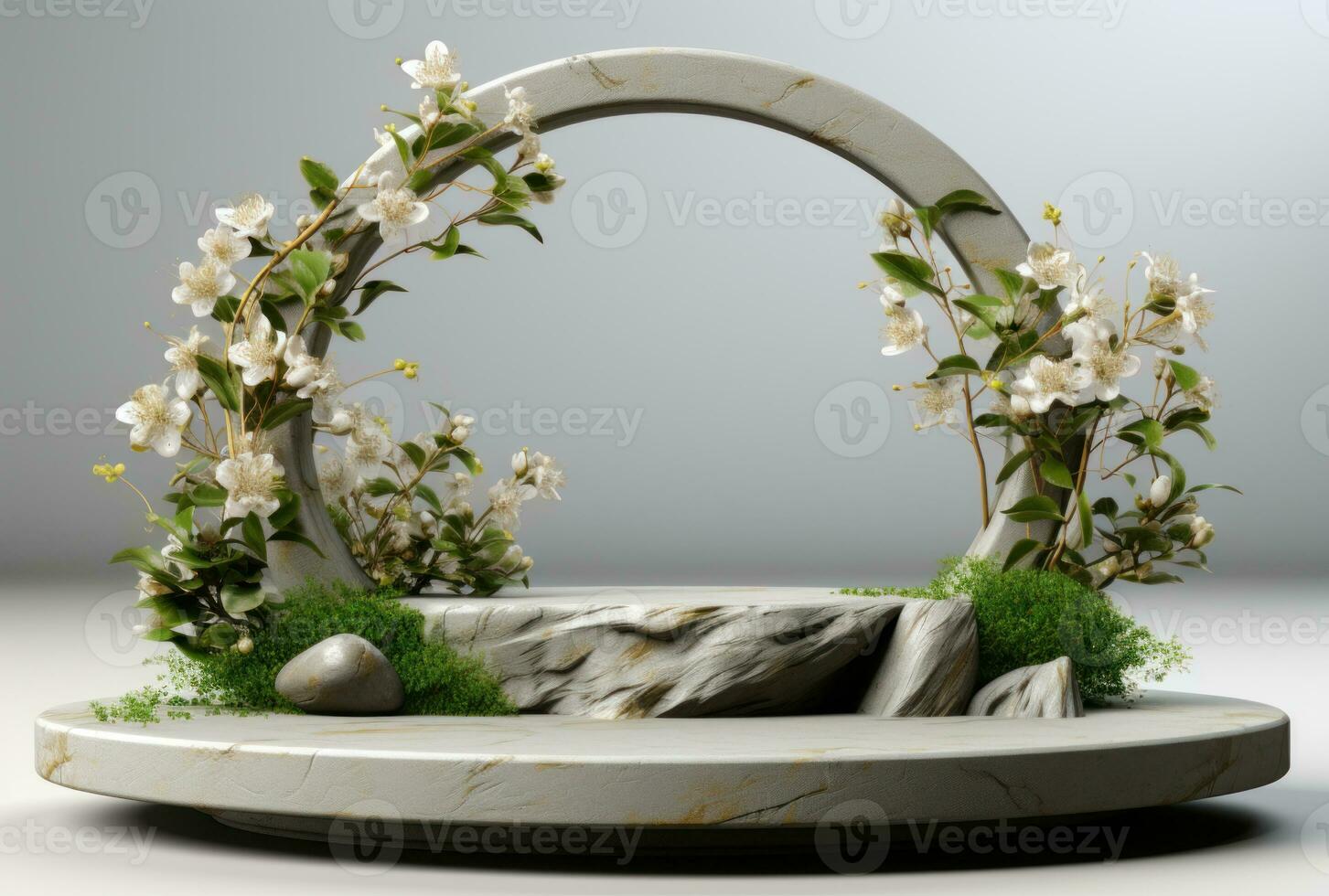 3d visa podium vit bakgrund och sten. blomma med grön blad och sten ai genererad. foto