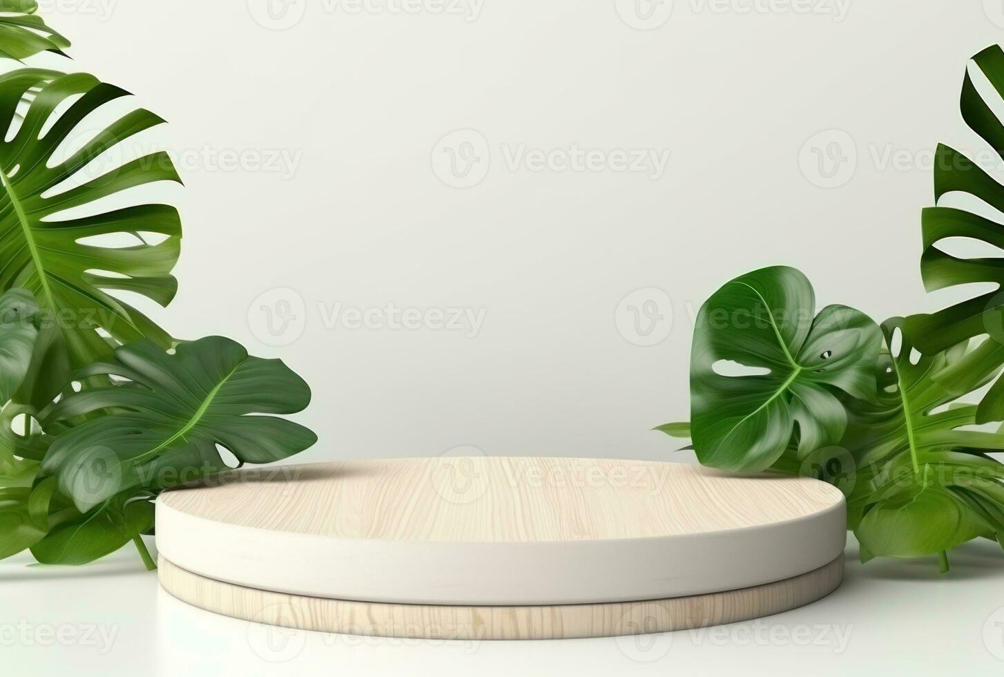 3d podium trä visa vit bakgrund med grön monstera handflatan blad ai genererad. foto