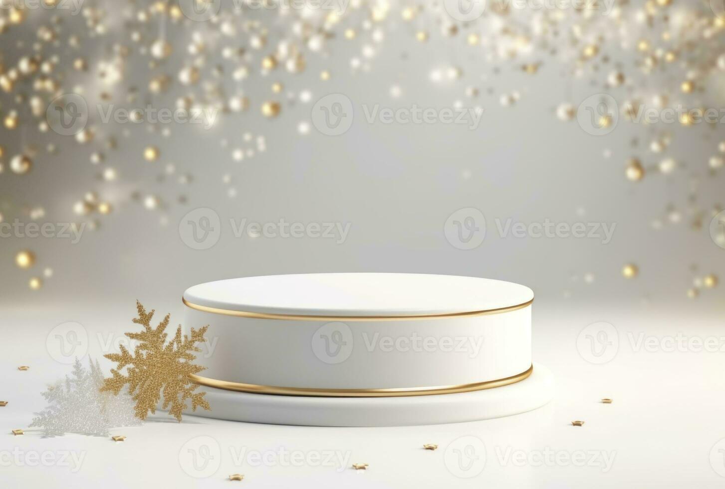 3d vit podium. jul bakgrund. de visa stå är guld färgad ai genererad. foto