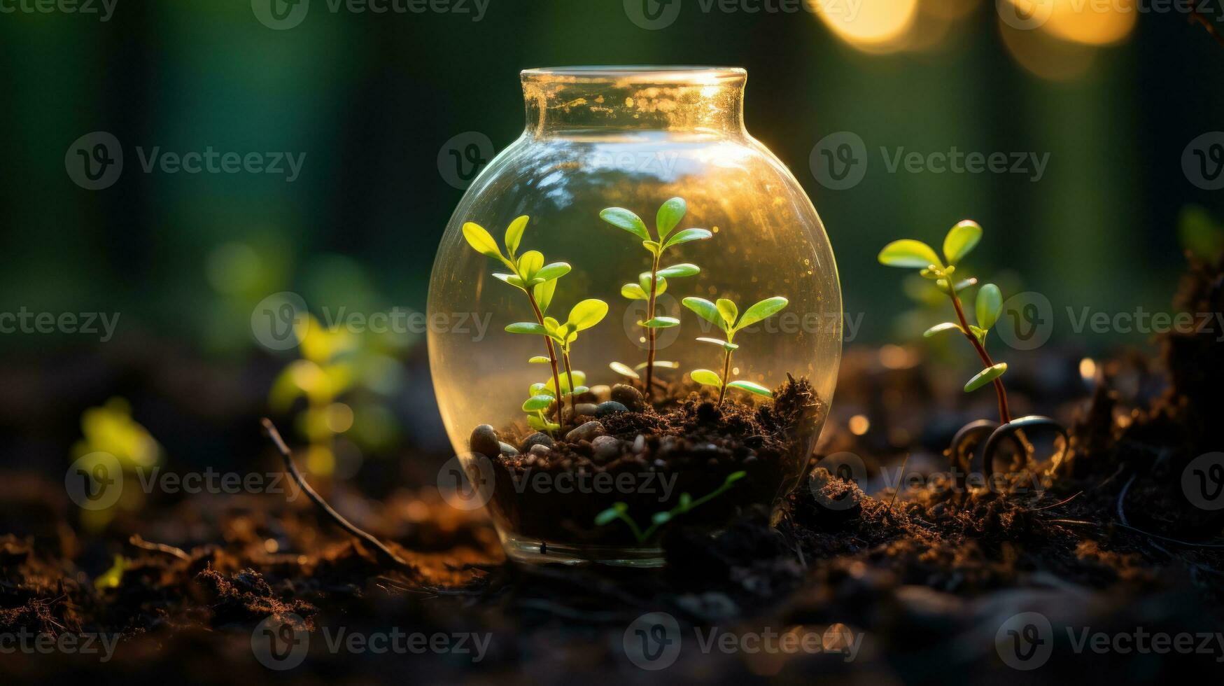 ny plantor växa på de transparent jorden. bild av miljö- bevarande och hållbar samhälle ai genererad. foto