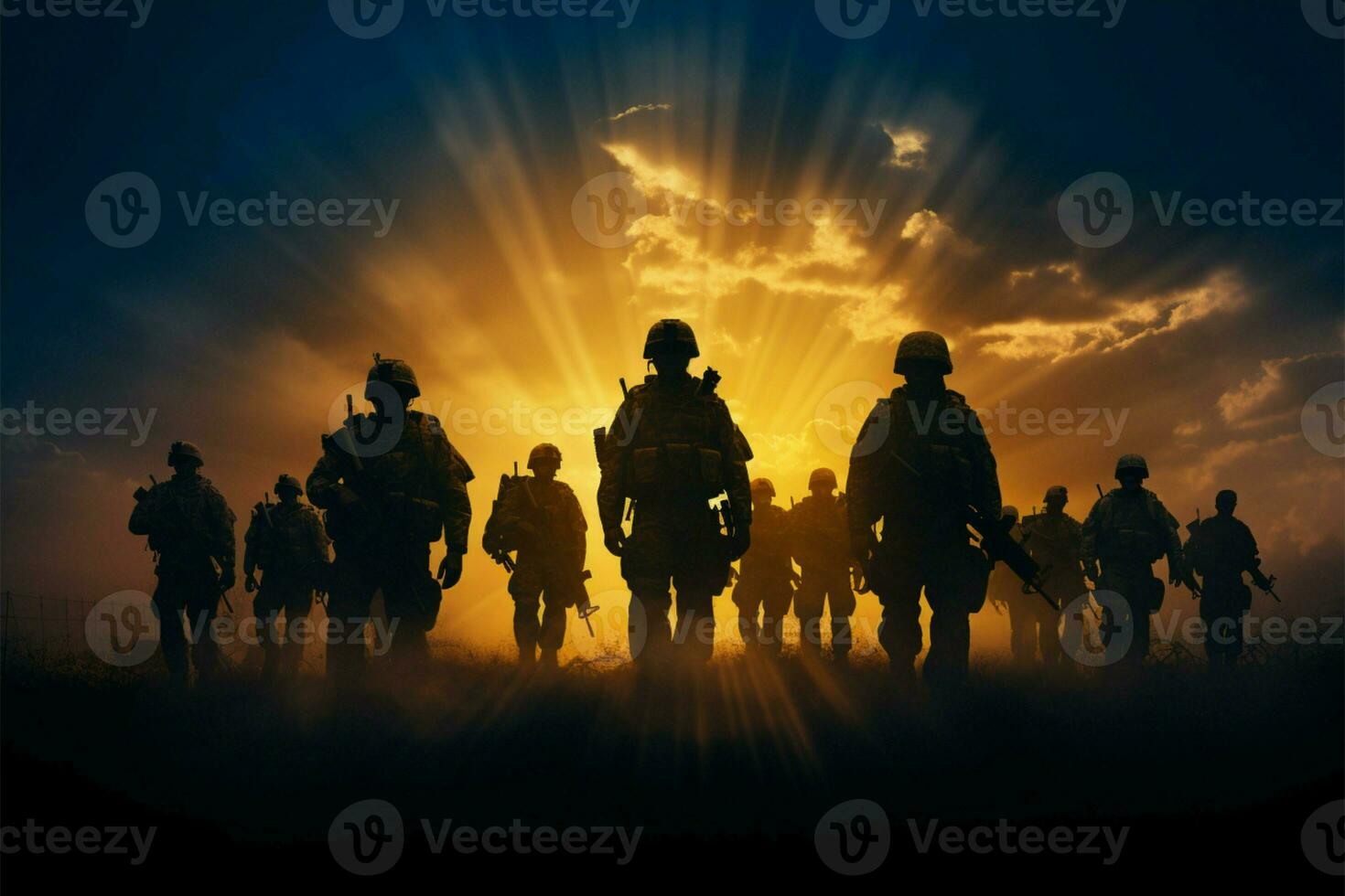 silhouetted armén soldater, modig i de mörk, symbolisera orädd tillägnande ai genererad foto