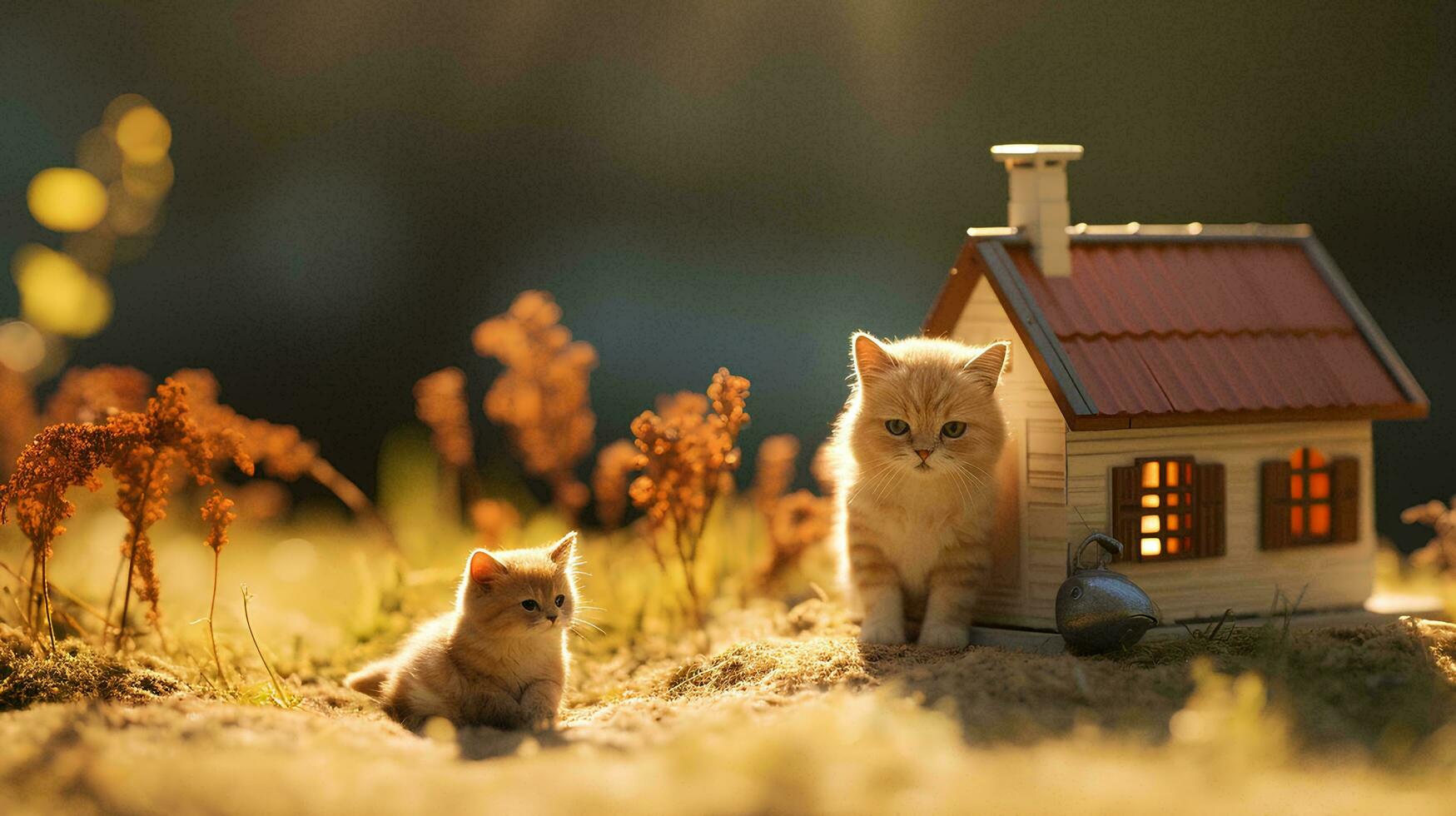 miniatyr- hus och katter runt om de hus, ai generativ foto