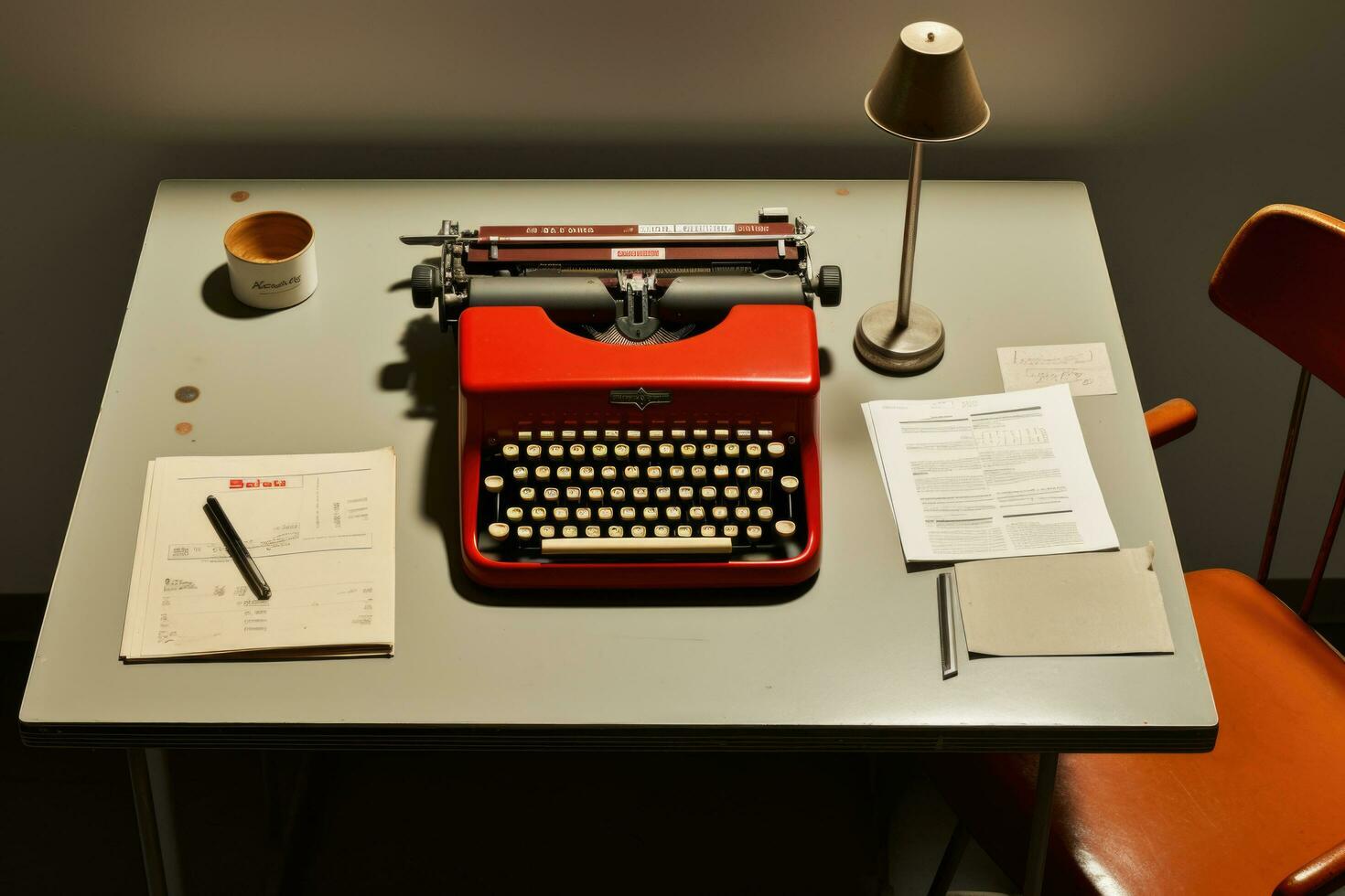 årgång skrivmaskin på en tabell. årgång arbetsplats interiör. genererad förbi artificiell intelligens foto