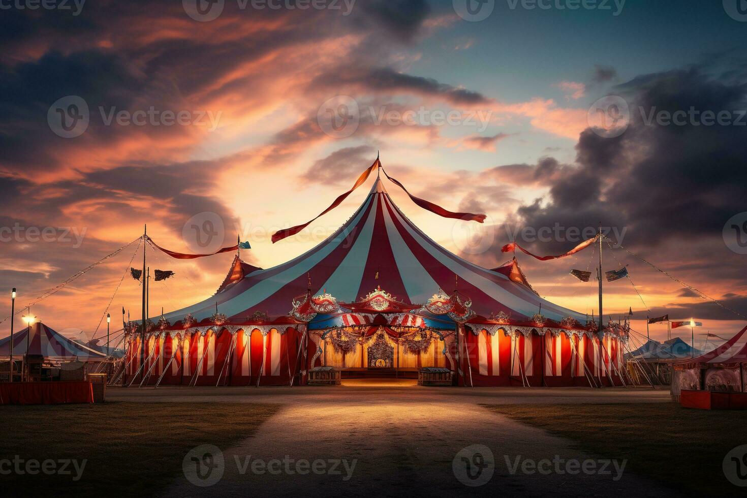 cirkus tält mot de himmel i kväll. cirkus affisch, affisch. värld cirkus dag. genererad förbi artificiell intelligens foto