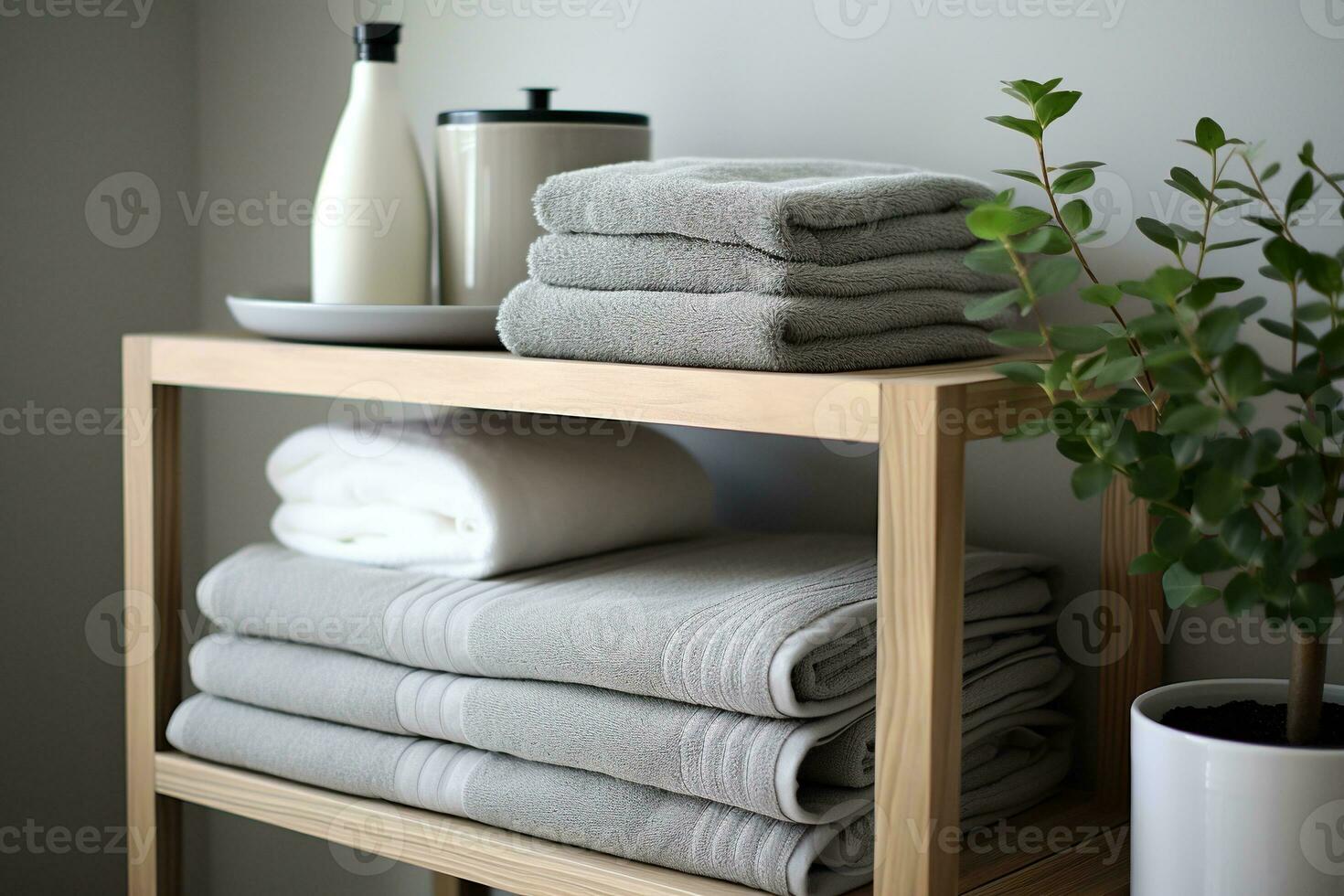 trä- tabell med handdukar och leva växter i de badrum. badrum Tillbehör. genererad förbi artificiell intelligens foto