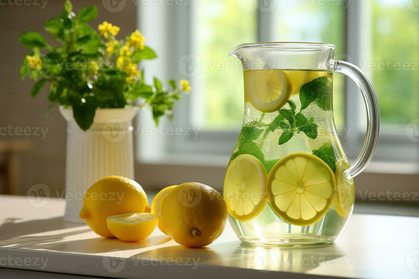 citrus- citronsaft i en kanna på en tabell i de kök. citroner och mynta, vas med blommor. genererad förbi artificiell intelligens foto