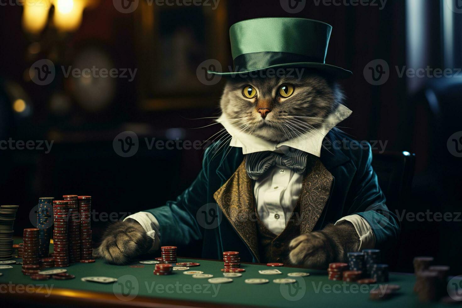 en grå katt i en kostym och hatt spelar poker. hasardspel begrepp. genererad förbi artificiell intelligens foto