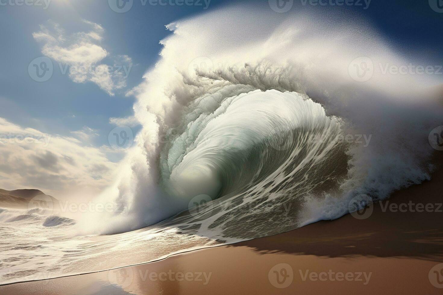 hög Vinka i de öken. storm i de mitten av de sandstrand. genererad förbi artificiell intelligens foto