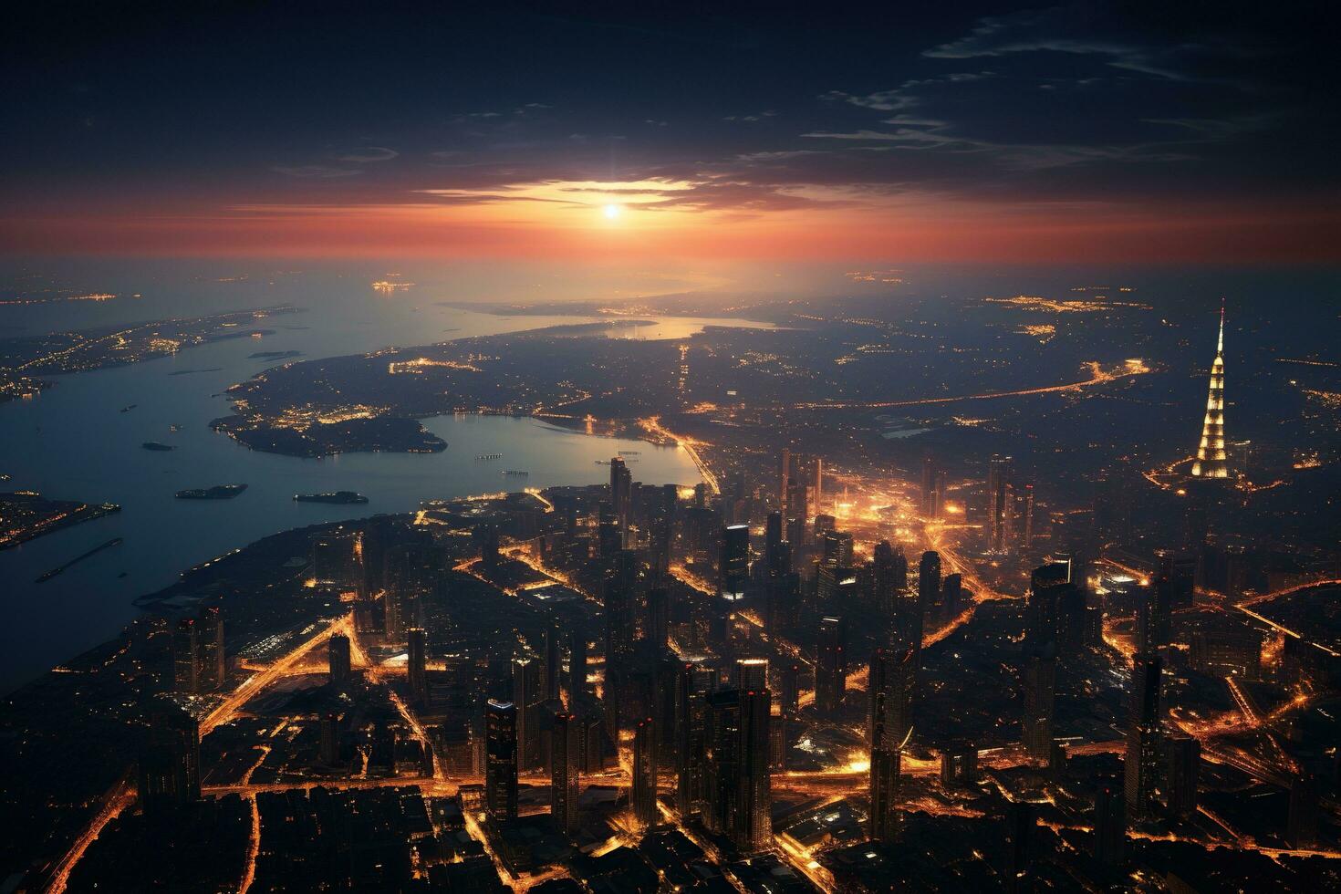 natt stad lampor, natt stad, se från Plats. genererad förbi artificiell intelligens foto