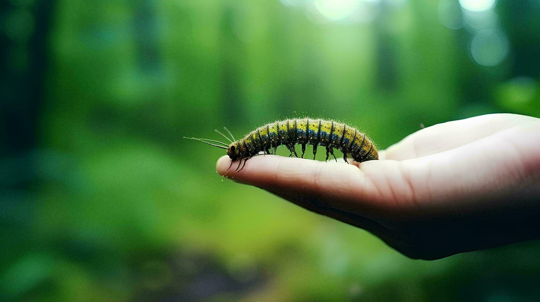 larv djur- gående på mänsklig hand med skog bakgrund, ai generativ foto